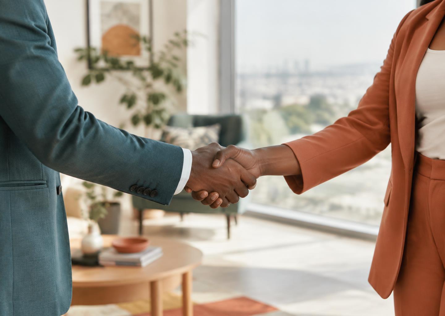 A warm handshake between partners in a bright office, opening a conversation